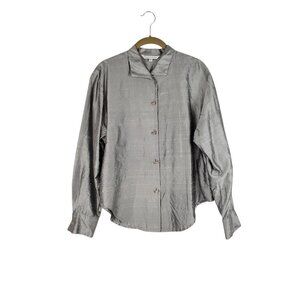 Connie Roberson Button Up Top Silver Dupioni Silk Long Sleeve Blouse Size Large